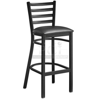 BRAND NEW SCRATCH & DENT! Lancaster Table & Seating Black Finish Ladder Back Bar Height Chair with 2 1/2" Black Vinyl Cushion