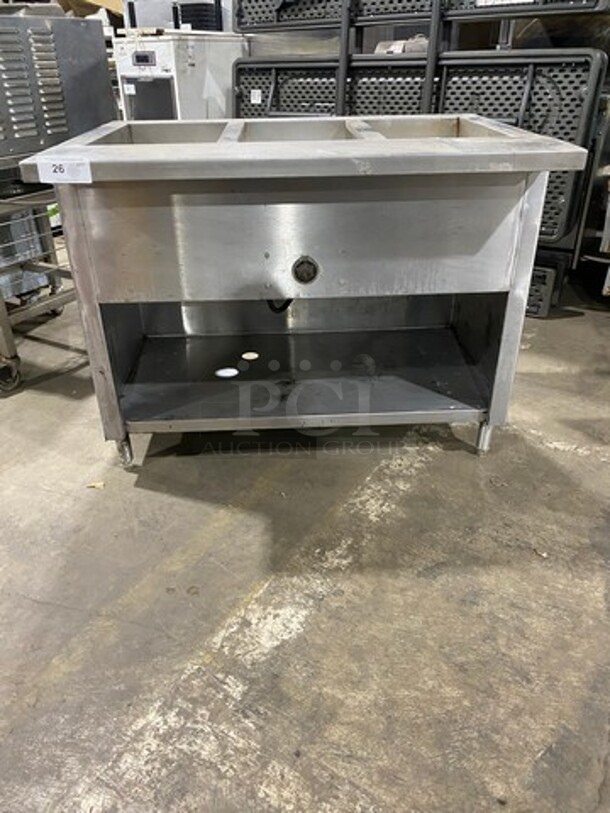 Commercial Electric Powered 3 Well Steam Table! With Storage Space Underneath! All Stainless Steel! On Legs!