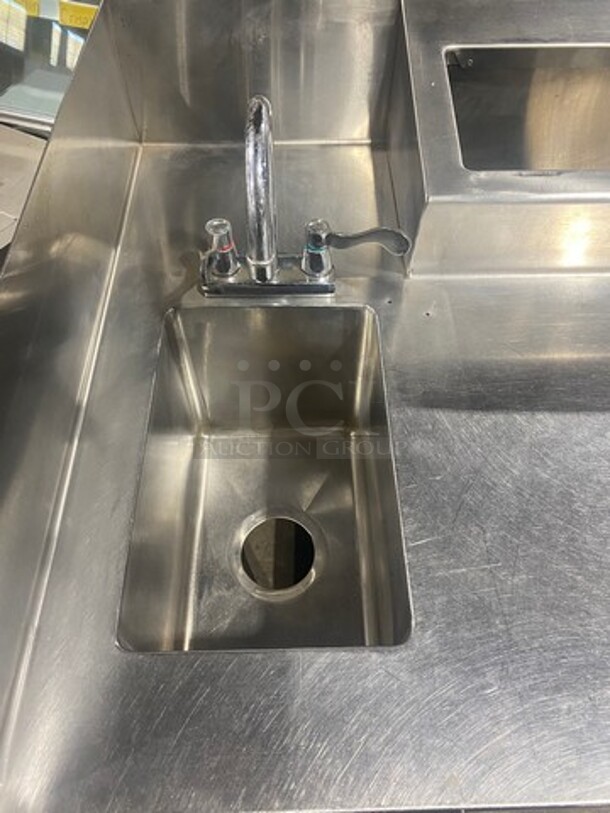 Craig Commercial Custom-Made Workstation! With Built In Hand Sink! With Faucet And Handles! With Topping Rail! With Back And Side Splashes! With 2 Door Storage Space Underneath! All Stainless Steel! On Legs! - Image 5 of 9