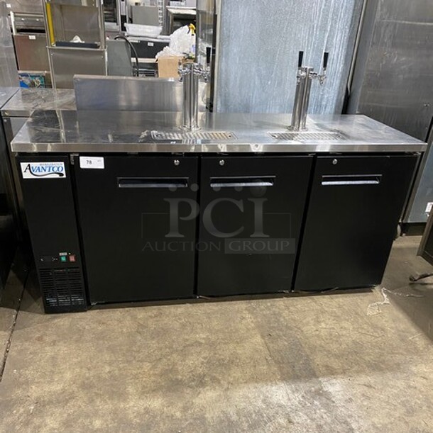NICE! Avantco Commercial Refrigerated Dual Tower Kegerator! With Towers! With 3 Door Storage Space Underneath! Poly Coated Racks! Model: 178UDD378 SN:6436334321083606 115V - Item #1113810