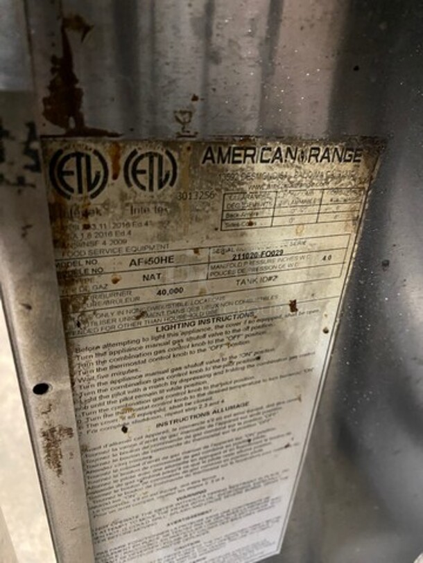 American Range Commercial Natural Gas Powered Deep Fat Fryer! With 2 Metal Frying Baskets! With Backsplash! All Stainless Steel! On Legs! Model: AF50HE SN: 211020FO029 - Image 8 of 9