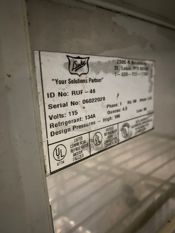 Duke Commercial Work/Prep Top Low Boy Cooler! With 2 Doors Underneath Storage Space! With Poly Coated Racks! With Backsplash! All Stainless Steel! Model: RUF48 SN: 06022028 115V 60HZ 1 Phase - Image 8 of 9