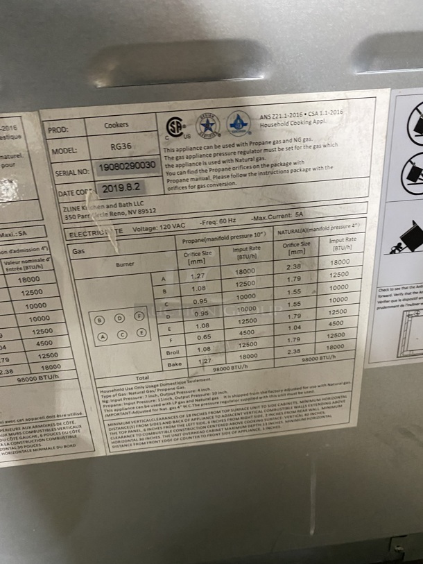 GORGEOUS! 2019 ZLINE Gas Powered 6 Burner Stove! With Oven Underneath! Stainless Steel TOP! MODEL RG36 SN:19080290030! - Image 9 of 10