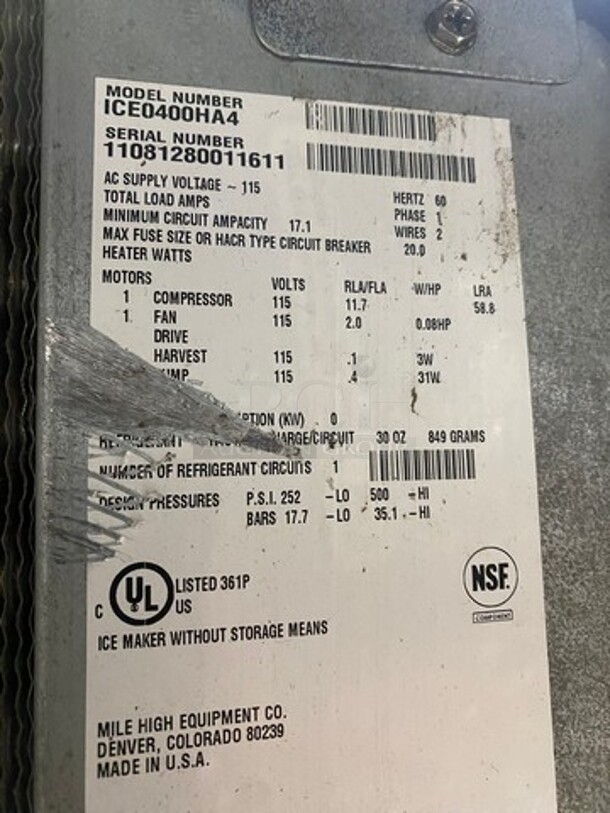 Ice-O-Matic Commerical Ice Making Machine! On Commercial Ice Bin! All Stainless Steel! On Legs! 2x Your Bid Makes One Unit! Model: ICE0400HA4 SN: 11081280011611 115V 60HZ 1 Phase - Image 5 of 9