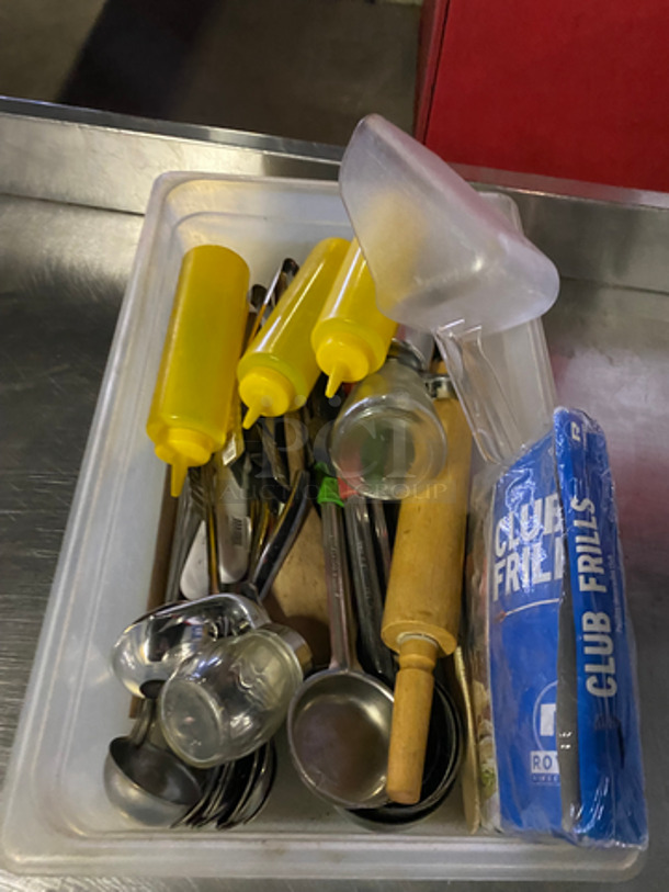 ALL ONE MONEY! Miscellaneous Items! Includes Wooden Rolling Pin, Stainless Steel Ladles And Serving Spoons, Squeeze Bottles And More! - Image 4 of 4