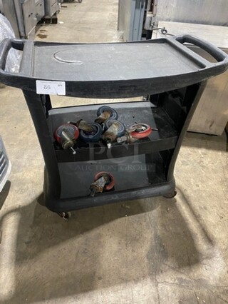 Rubbermaid Commercial Black Poly 3 Tier Cart! With Dual Side Push/ Pull Handles! On Casters!
