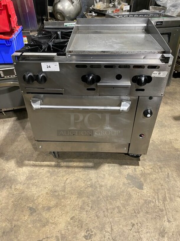 WOW! Vulcan Commercial Natural Gas Powered 2 Burner Stove With Flat Griddle! Flat Griddle Has Back And Side Splashes! With Oven Underneath! All Stainless Steel! On Casters! Model: 36S2B24GN SN: 481883161