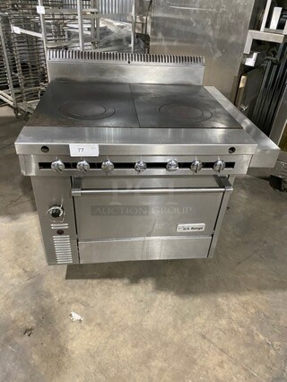 NICE! Us Range Commercial Heavy Duty Natural Gas Powered French Top/Hot Plate Range! With Full Size Oven Underneath! All Stainless Steel! With Oven Racks! On Casters! 