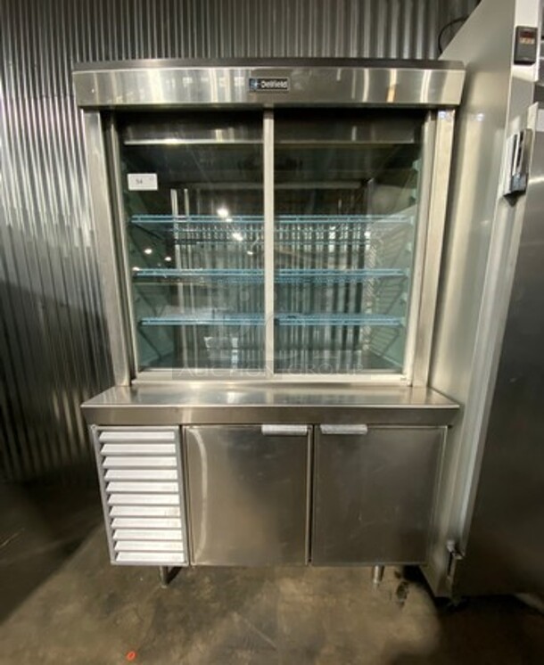 Delfield Commercial Refrigerated Closed Grab-N-Go Display Case! With View Through Doors! Poly Coated Racks! With Dry Storage Space Underneath! Solid Stainless Steel! On Legs!