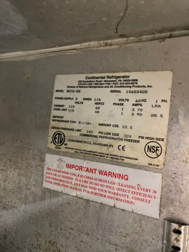 Continental Commercial Worktop/ Lowboy Cooler! With Backsplash! With 3 Door Refrigerated Storage Space Underneath! With Poly Coated Racks! All Stainless Steel! Model: SW72BS SN: 14655428 115V 60HZ 1 Phase - Image 7 of 8