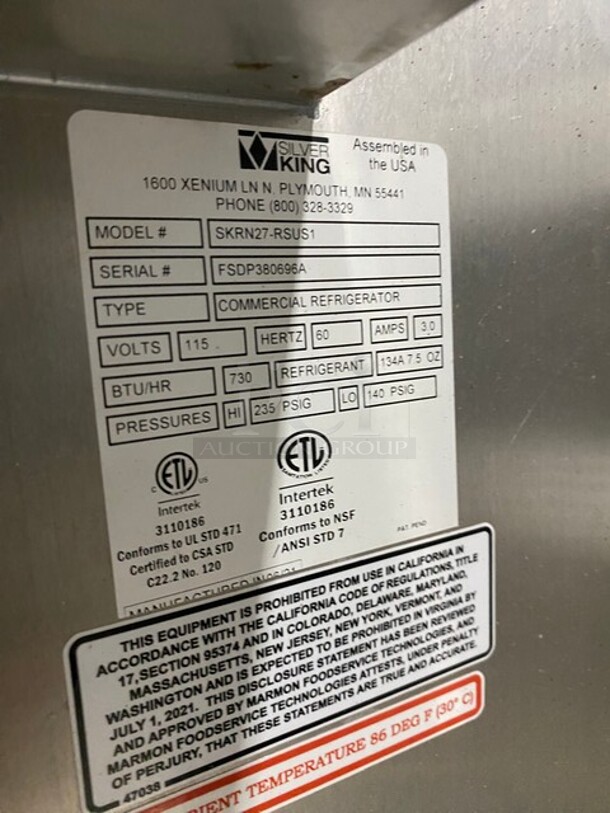 Silver King Stainless Steel Refrigerated Ice Cream Prep Rail/ Prep Table! On Casters! MODEL SKRN27-RSUS1 SN: FSDP380696A 115V  - Image 7 of 8