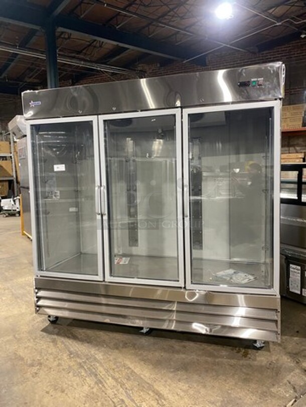 NEW LATE MODEL! Scratch- N- Dent Omcan Commercial 3 Door Reach In Cooler Merchandiser! With View Through Doors! Stainless Steel Body! Model: CFD3RRGHC 115V 1 Phase! On Casters!