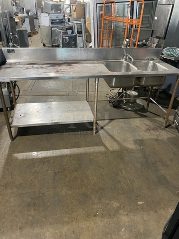 Ressco Commercial Work Top/ Prep Table! With 2 Bay Built In Sink! With Faucet And Handles! With Back And Single Side Splashes! With Storage Space Underneath! Solid Stainless Steel! On Legs!