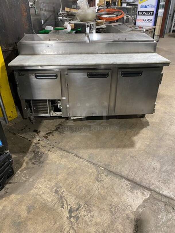 Leader Commercial Refrigerated Pizza Prep Table! With Marble Commercial Cutting Board! With 3 Door Storage Space Underneath! All Stainless Steel! Model: ESPT72SC SN: NP08M2905 115V 60HZ 1 Phase