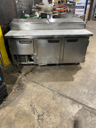 Leader Commercial Refrigerated Pizza Prep Table! With Marble Commercial Cutting Board! With 3 Door Storage Space Underneath! All Stainless Steel! Model: ESPT72SC SN: NP08M2905 115V 60HZ 1 Phase