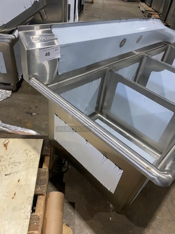 NEW! SCRATCH-N-DENT! Sapphire Commercial 3 Compartment Dish Washing Sink! With Single Side Drain Board! With Back Splash! All Stainless Steel! Model: SMS31821R - Image 2 of 10