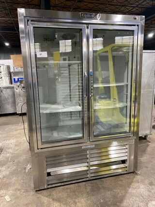 COOL! Leader Commercial 2 Door Reach In Refrigerator Merchandiser! With View Through Doors! Poly Coated Racks! All Stainless Steel Body! Model: LS54PSSC SN: PU04M0013D 115V 60HZ 1 Phase