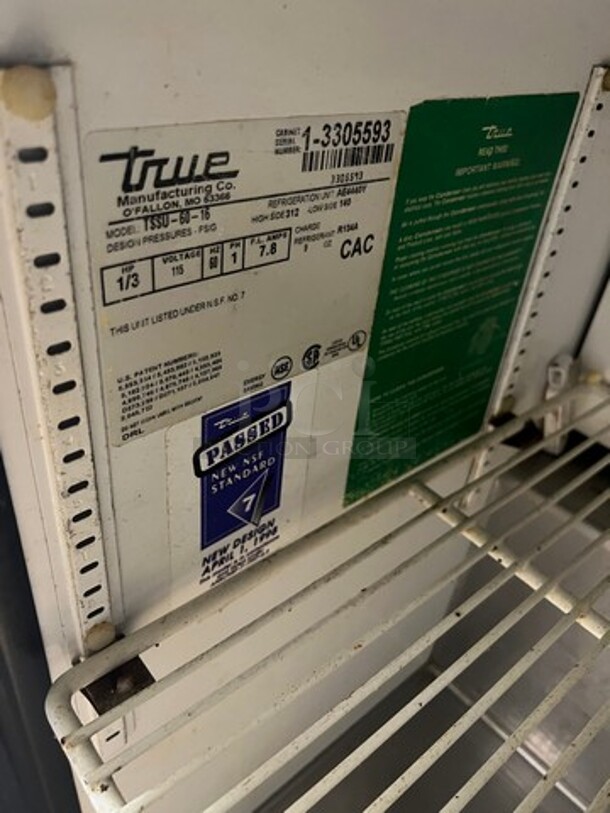 True Commercial Refrigerated Sandwich Prep Table! With 2 Door Underneath Storage Space! All Stainless Steel! On Casters! WORKING WHEN REMOVED! Model: TSSU6016 SN: 13305593 115V 60HZ 1 Phase - Image 6 of 6