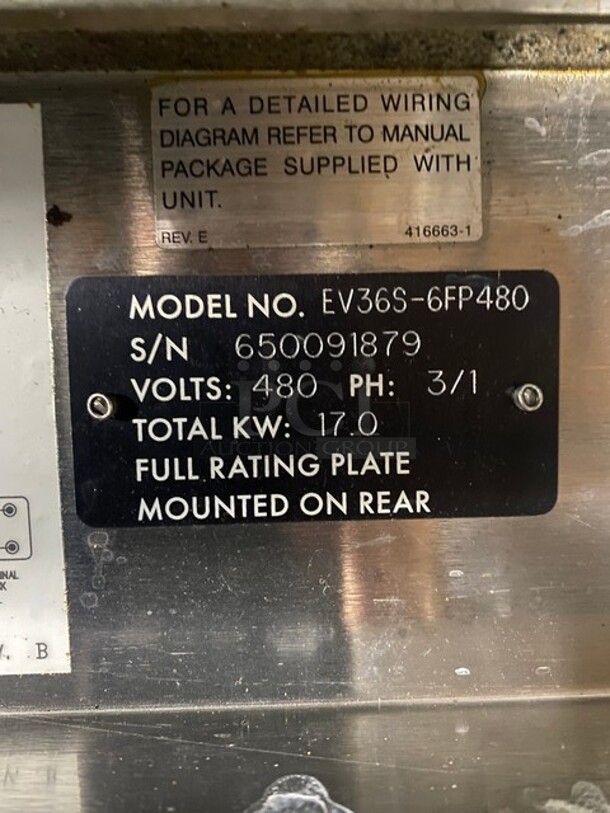 Vulcan Stainless Steel Commercial Electric Powered 6 Burner Hot Plate Range w/ Oven, Over Shelf and Back Splash! On Legs! MODEL EV36S-6FP480 SN: 650091879 480V 3/1PH  - Image 9 of 11