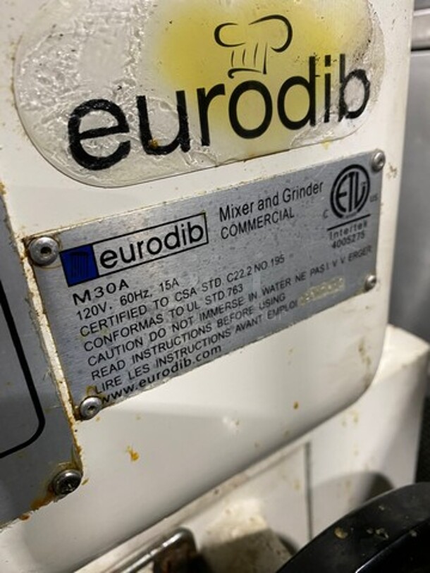 Eurodib Commercial Floor Style 30 QT Planetary Mixer! With Mixing Bowl And Guard! With Spiral Hook Attachment! WORKING WHEN REMOVED! Model: M30A 120V - Image 8 of 9