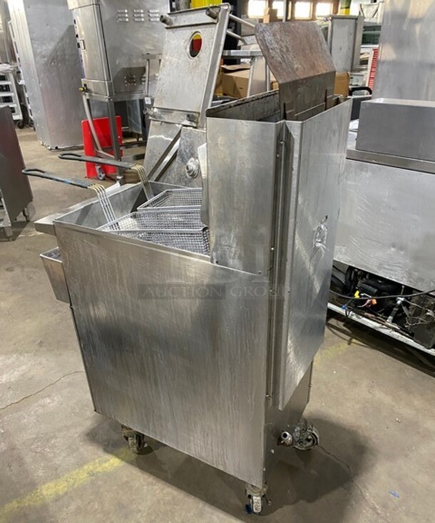 Keating Stainless Steel Commercial Natural Gas Powered Floor Style Instant Recovery Fryer w/ 2 Metal Fry Baskets! MODEL BBHIFM14 SN:R76601B 115V 1PH - Image 4 of 11