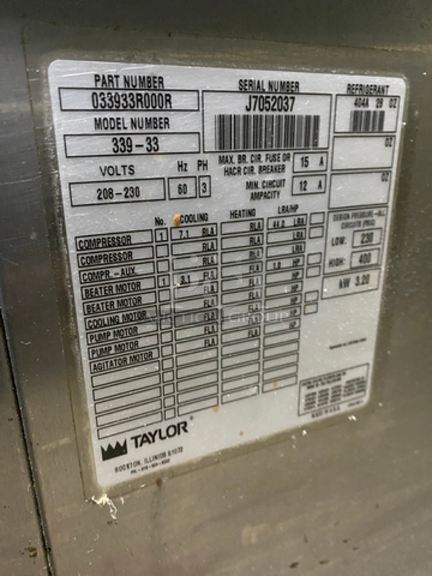 COOL! Taylor Soft Serve Ice Cream Machine! All Stainless Steel! On Casters! Model: 33933 SN: J7052037 208/230V 60Hz 3 Phase - Image 8 of 10