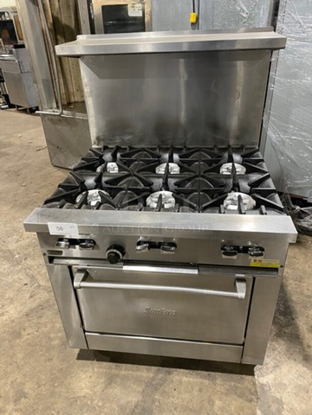 Sunfire Commercial Natural Gas Powered 6 Burner Stove! With Raised Back Splash And Salamander Shelf! With Oven Underneath! All Stainless Steel! On Casters! - Image 1 of 9