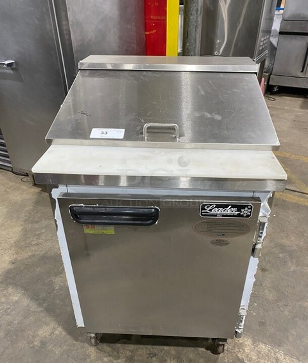 Leader Commercial Refrigerated Mega Top Sandwich Prep Table! With Commercial Cutting Board! With Single Door Underneath Storage Space! All Stainless Steel! On Casters! MODEL ESLM27SC SN:NP10M2704