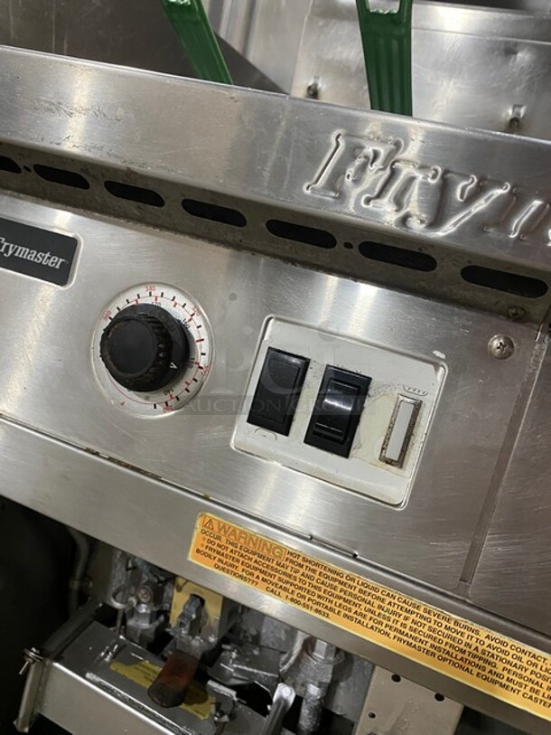 Frymaster Commercial Natural Gas Powered Deep Fat Fryer With Side Dumping Station! With Metal Frying Baskets! With Back Splash! All Stainless Steel! On Casters! Model: FM145ESC SN: 0204GH0013!
 - Image 10 of 12
