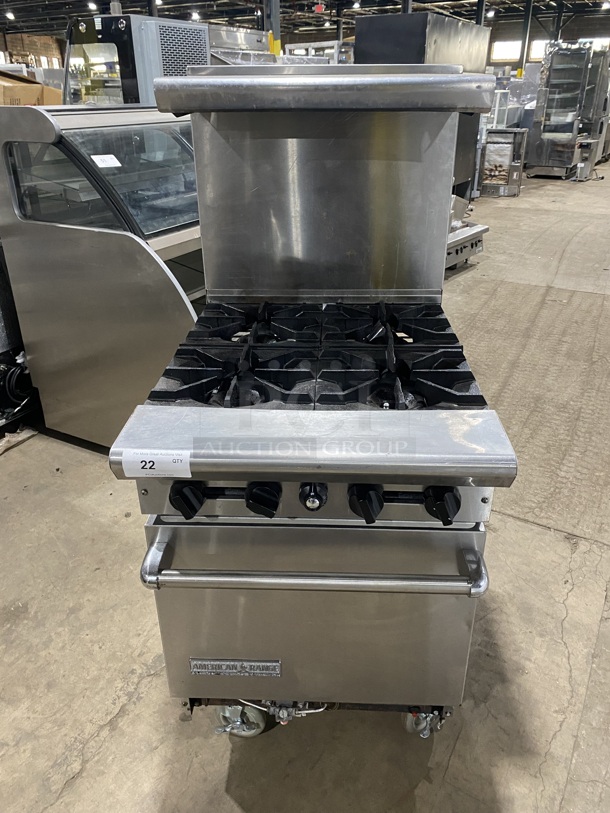 American Range AR-4 Stainless Steel Commercial Natural Gas Powered 4 burner Ranger W/ Oven and Back Splash! On Casters!  - Image 1 of 9
