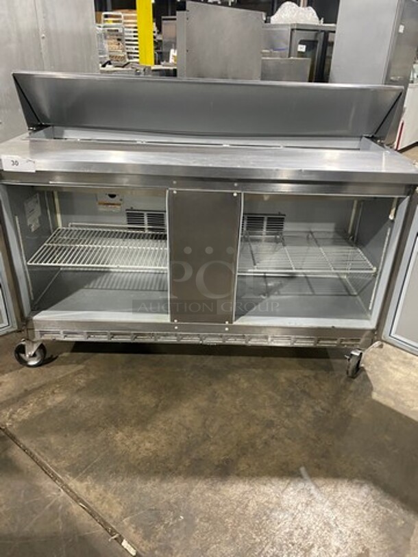 Beverage Air Commercial Refrigerated Mega Top Sandwich Prep Table! With 2 Door Storage Space Underneath! Poly Coated Racks! All Stainless Steel! On Casters! Model: SPE6016 SN: 10904853 115V 60HZ 1 Phase - Image 5 of 9