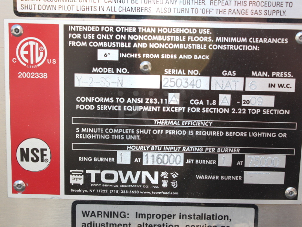 BRAND NEW scratch and dent! NO OBSERVABLE DAMAGE!! Town Y-2-SS-N York™ Two Chamber Natural Gas Wok Range with 13" Mandarin and 20" Cantonese Chamber - 191,000 BTU S/N: 250340. Chip in the metal.   - Image 11 of 12