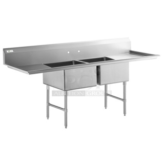 BRAND NEW SCRATCH AND DENT! Regency 600S21818224 86" 16 Gauge Stainless Steel Two Compartment Commercial Sink with Stainless Steel Legs, Cross Bracing, and 2 Drainboards - 18" x 18" x 14" Bowls