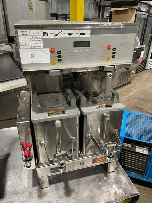 Bunn Starbucks Style Commercial Countertop Soft Heat Dual Coffee Brewer! With Hot Water Dispenser! With 1 Smart Funnel! With 2 Soft Heat Portable Servers! All Stainless Steel! On Legs! 120/208V 1 Phase! Model: DUAL SH DBC, 120/208GRY(SBUX)! - Image 1 of 7