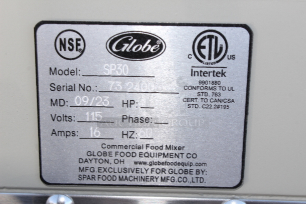 BRAND NEW SCRATCH & DENT! Globe SP30 30 Qt. Planetary Floor Mixer with Guard & Standard Accessories - 120V, 1 hp. S/N:73 24006 Right Leg is cracked. See photos.  - Image 7 of 7