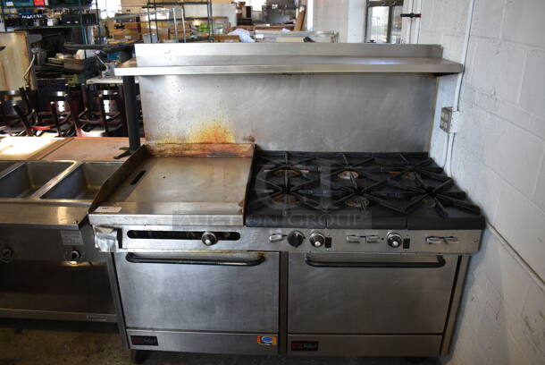 Southbend Select Stainless Steel Commercial Natural Gas Powered 6 Burner Range w/ Flat Top Griddle, 2 Ovens, Over Shelf and Back Splash. 61x35x60