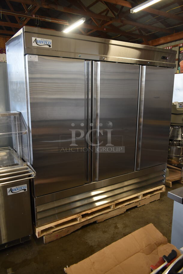 BRAND NEW SCRATCH AND DENT! 2023 Avantco 178SS3FHC Stainless Steel Commercial 3 Door Reach In Freezer w/ Poly Coated Racks and Commercial Casters. 115 Volts, 1 Phase. Stock Picture Used as Gallery. Tested and Working! - Image 12 of 12