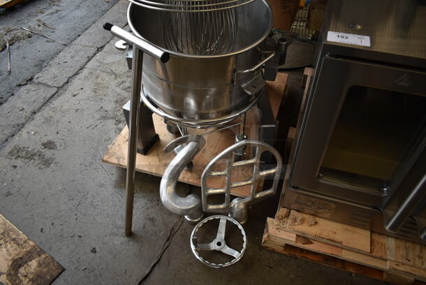 BRAND NEW SCRATCH AND DENT! Avantco 177MX60H Metal Commercial Floor Style 60 Quart Planetary Dough Mixer w/ Stainless Steel Mixing Bowl, Bowl Guard, Bowl Dolly, Dough Hook, Whisk and Paddle Attachments. 240 Volts, 3 Phase. - Image 3 of 11