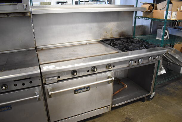 Imperial Stainless Steel Commercial Natural Gas Powered 4 Burner Range, Flat Top Griddle, Oven, Over Shelf and Back Splash on Commercial Casters. 60x31x57
 - Image 3 of 10