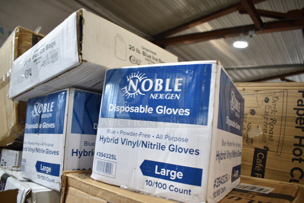 PALLET LOT of 40 BRAND NEW Boxes Including 5001RTSELNAT Lavex Select 1-Ply Natural Kraft Paper Towel Roll, 665 Feet / Roll - 6/Case, 130ROLLKFSSH Visions 18" x 15 1/2" Pre-Rolled Linen-Feel White Napkin and Hammersmith Heavy Weight Silver Plastic Cutlery Set - 100/Case, 500AL301BALL Ball 9 oz. Customizable Aluminum Cup with Ball Logo Design - 645/Case, 128HD32COMBO ChoiceHD 32 oz. Microwavable Translucent Plastic Deli Container and Lid Combo Pack - 240/Case, 394325L Noble NexGen Powder-Free Disposable Blue Hybrid 3 Mil Thick Gloves - Large - 1000/Case, 50010CAFE Choice 10 oz. Cafe Print Poly Paper Hot Cup - 1000/Case, 2 Box 5001RT800B Lavex 8" White Hardwound Paper Towel, 800 Feet / Roll - 6/Case, 2 Box 395RPO9 EcoChoice Compostable Sugarcane / Bagasse 9" Plate - 500/Case, 128HD16BULK ChoiceHD 16 oz. Microwavable Translucent Plastic Deli Container - 480/Case, 150300414 Bagcraft EcoCraft 6" x 6 1/2" Grease-Resistant Sandwich Bag - 2000/Case, 347RPBD10WHS Visions 10" White Plastic Plate with Silver Bands - 120/Case. 40 Times Your Bid! - Image 4 of 12
