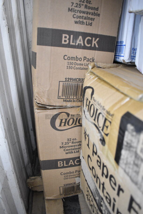 PALLET LOT of 29 BRAND NEW Boxes Including 707160HL Sabert Catering Pop-Top 14 3/8" Square Clear PET Hinged Lid for 160 oz. Square Bowl - 30/Case, 3 Box 347SP6CL Visions Florence 6" Square Clear Plastic Plate - 120/Case, 707801C Sabert Catering Pop-Top 80 oz. Clear PET One-Compartment Square Bowl - 50/Case, 2 Box 129MCR32B Choice 32 oz. Black Round Microwavable Heavy Weight Container with Lid 7 1/4" - 150/Case, 795PTOKFT1 Choice Kraft Microwavable Folded Paper #1 Take-Out Container 4 3/8" x 3 1/2" x 2 1/2" - 450/Case, 2 Box G4600XR Can Liners, 612P527 Choice 7" Clear Round Plastic Dome Lid - 500/Case, 3 Box 395SP08 EcoChoice Compostable Sugarcane / Bagasse 8" x 8" Square Plate - 400/Case, 7071602C Sabert Catering Pop-Top 160 oz. Clear PET Two-Compartment Square Bowl Set - 30/Case, 707802C Sabert Catering Pop-Top 80 oz. Clear PET Two-Compartment Square Bowl - 50/Case, HP4004743 Manitowoc Ice 4004743 Curtain, Water, Vac Form, 500CTOUT96 Choice 96 oz. Beverage Take-Out Container - 25/Case, 500TO883C3 Choice 8" x 8" x 3" Microwaveable 3-Compartment Black / Clear Plastic Hinged Container - 100/Case, 394360XL Noble Products Clear Powdered Disposable Vinyl Gloves for Foodservice - Extra Large - 1000/Case. 29 Times Your Bid! - Image 5 of 12
