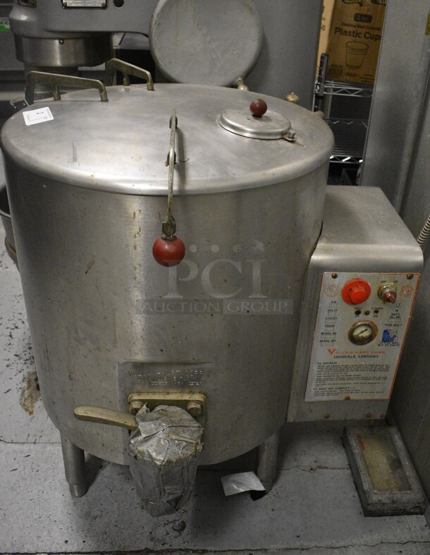 Vulcan FL30 Stainless Steel Commercial Floor Style 30 Gallon Steam Kettle. 230 Volts, 3 Phase. 32x30x38. BUYER MUST REMOVE. Item Was in Working Condition on Last Day of Business. (kitchen)