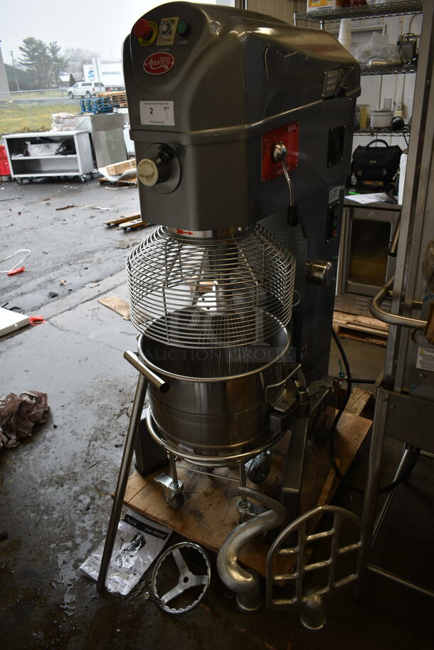 BRAND NEW SCRATCH AND DENT! Avantco 177MX60H Metal Commercial Floor Style 60 Quart Planetary Dough Mixer w/ Stainless Steel Mixing Bowl, Bowl Guard, Bowl Dolly, Dough Hook, Whisk and Paddle Attachments. 240 Volts, 3 Phase. Tested and Working! - Image 2 of 10