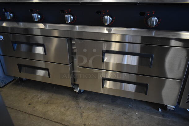 BRAND NEW SCRATCH AND DENT! Avantco 178CBE72HC Stainless Steel Commercial 72" 4 Drawer Refrigerated Chef Base on Commercial Casters. 115 Volts, 1 Phase. Tested and Working! - Image 4 of 7