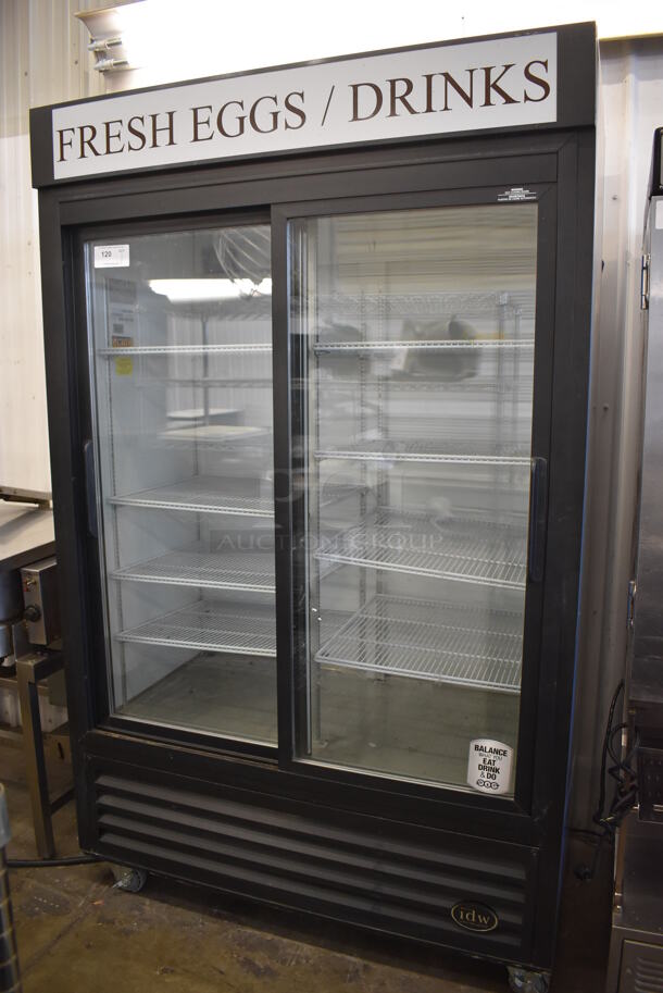IDW G-45-C-3-3-N-B-4 Metal Commercial 2 Door Reach In Cooler Merchandiser w/ Poly Coated Racks on Commercial Casters. 115 Volts, 1 Phase. 51x30x82.5. Tested and Working!