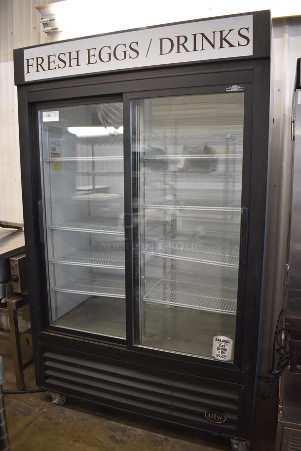 IDW G-45-C-3-3-N-B-4 Metal Commercial 2 Door Reach In Cooler Merchandiser w/ Poly Coated Racks on Commercial Casters. 115 Volts, 1 Phase. 51x30x82.5. Tested and Working! - Image 1 of 5
