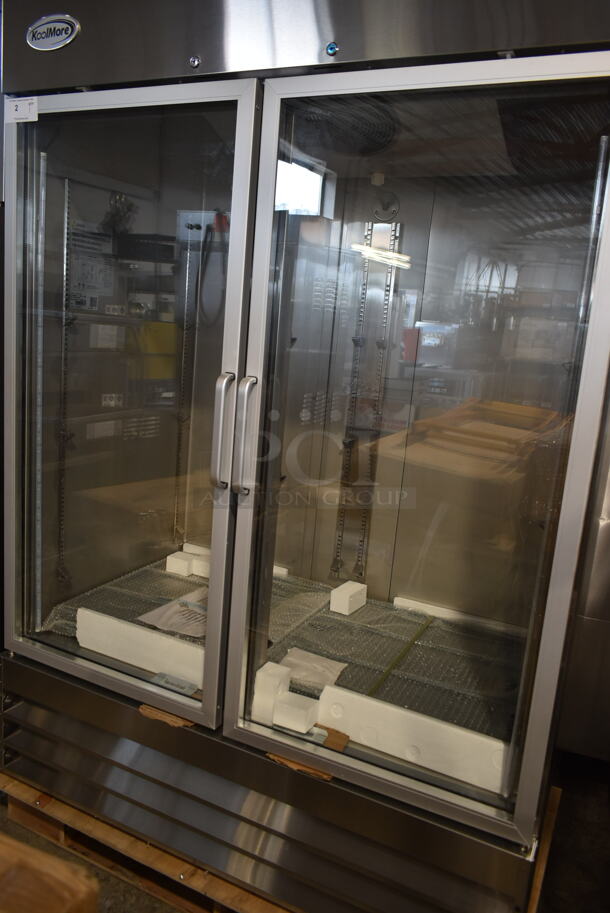 BRAND NEW SCRATCH AND DENT! 2023 KoolMore RIR-2D-GD Stainless Steel 2 Door Reach In Cooler Merchandiser w/ Poly Coated Racks. 115 Volts, 1 Phase. Tested and Working! - Image 3 of 10