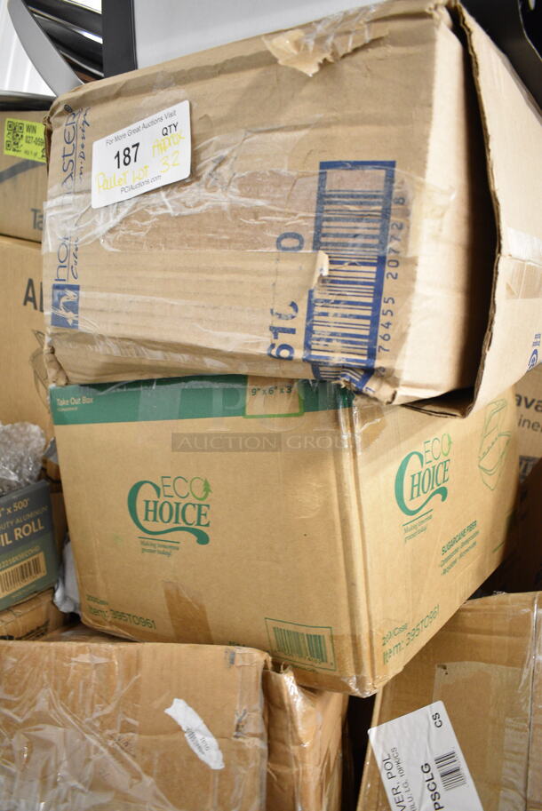 PALLET LOT of 32 BRAND NEW Boxes Including 712B5548D Steelton Stainless Steel Double Tier Speed Rail - 48", Kimberly-Clark Professional 55760 Gray C-Fold / Multifold Countertop Paper Towel Dispenser, Choice Shoe Covers, 24515112CBKBL Baker's Lane 15" x 11 1/2" x 2 1/4" Kraft Auto-Popup Donut / Bakery Box - 100/Bundle, 966TALLFLDN Choice Kraft Natural Tall-Fold 6" x 13" Dispenser Napkin - 8000/Case, Libbey 840-520R-8 Porcelana Rolled Edge Coupe Platter 8" x 6 1/4" Bright White Oval Porcelain - 36/Case, 407ALSC12 Choice 12 oz. One-Piece Aluminum Scoop, 395TO961 EcoChoice 9" x 6" x 3" Compostable Sugarcane / Bagasse 1 Compartment Take-Out Container - 200/Case, 129MCR24B Choice 24 oz. Black Round Microwavable Heavy Weight Container with Lid 7 1/4" - 150/Case, AD12 Genpak 12 oz. Clear Hinged Deli Container - 200/Case, 999IC16B Choice 16 oz. Blue Paper Frozen Yogurt / Food Cup - 50/Pack. 32 Times Your Bid!  - Image 10 of 12
