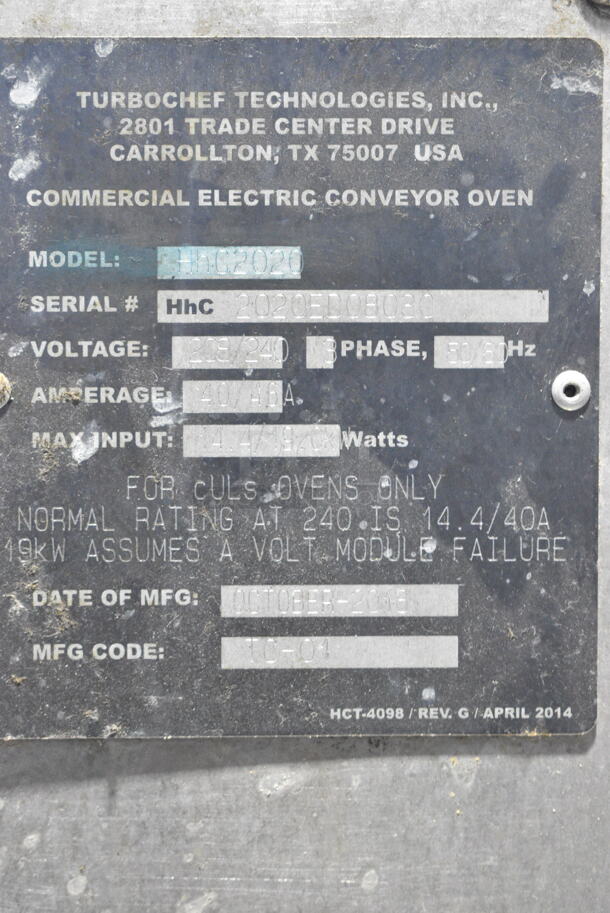 3 2018 Turbochef HhC2020 Stainless Steel Commercial Countertop Electric Powered Conveyor Rapid Cook Oven on Commercial Casters. 208/240 Volts, 1 Phase. 3 Times Your Bid! - Image 11 of 12