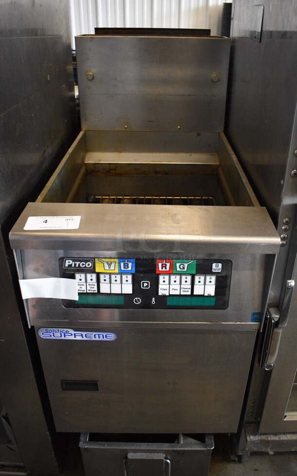 2012 Pitco Frialator Model SFSSH60W Stainless Steel Commercial Propane Gas Powered 60 Pound Capacity Deep Fat Fryer w/ Filtration System on Commercial Casters. 100,000 BTU. 20x35x48